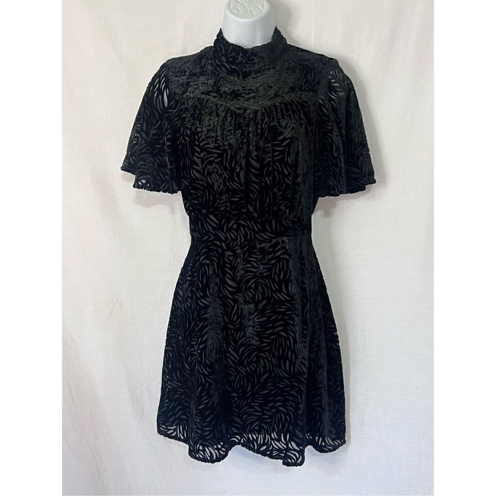 Mango Black velvet burnout flutter sleeve high neck mini dress NWOT Sz XS